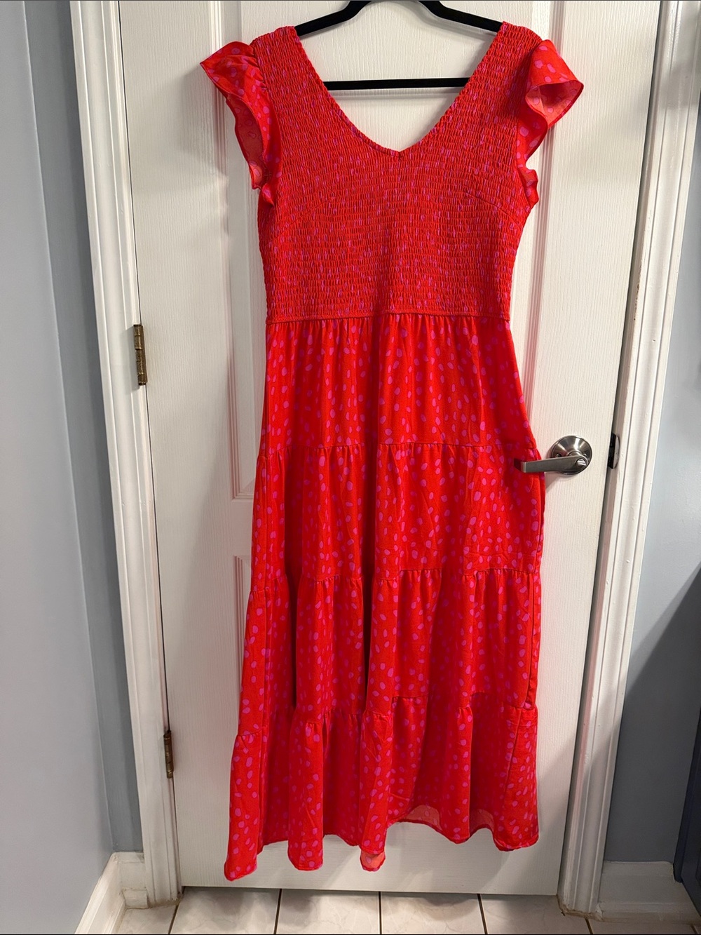 Red Smocked Maxi Dress with Flutter Sleeves